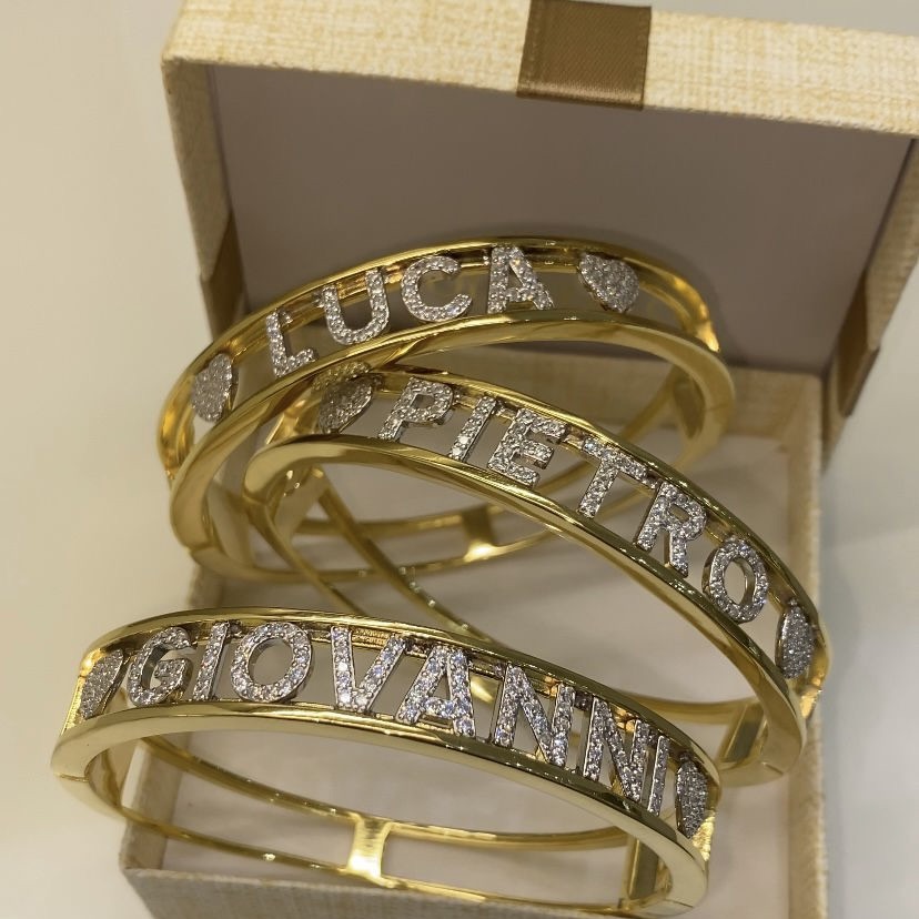 Bracciale A Manetta Rigida Personalizzabile Con Nome In Argento 925 Con Zirconi - Made In Italy Con Confezione Regalo